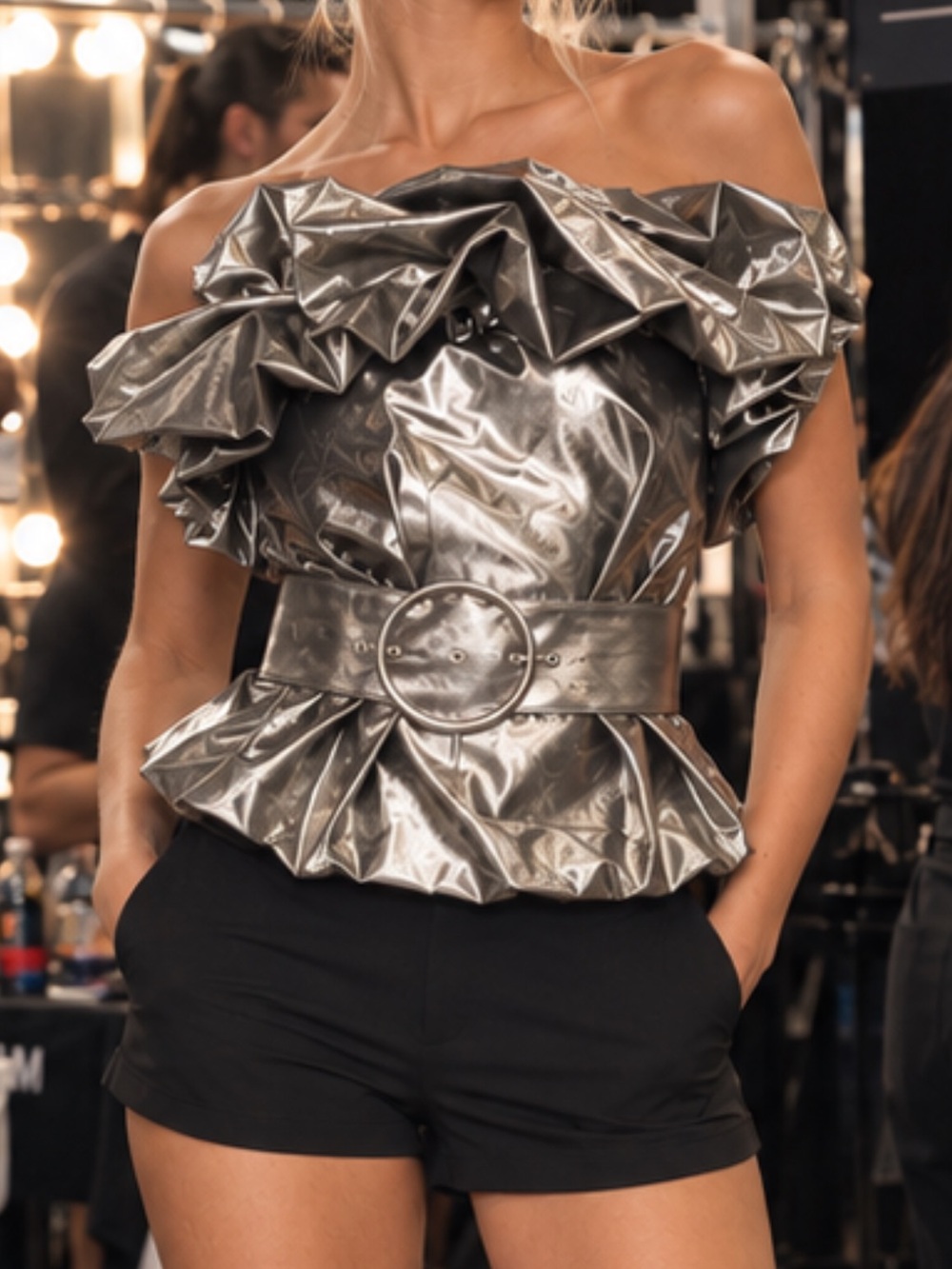 Zara Metallic Silver Ruffled strapless blouse